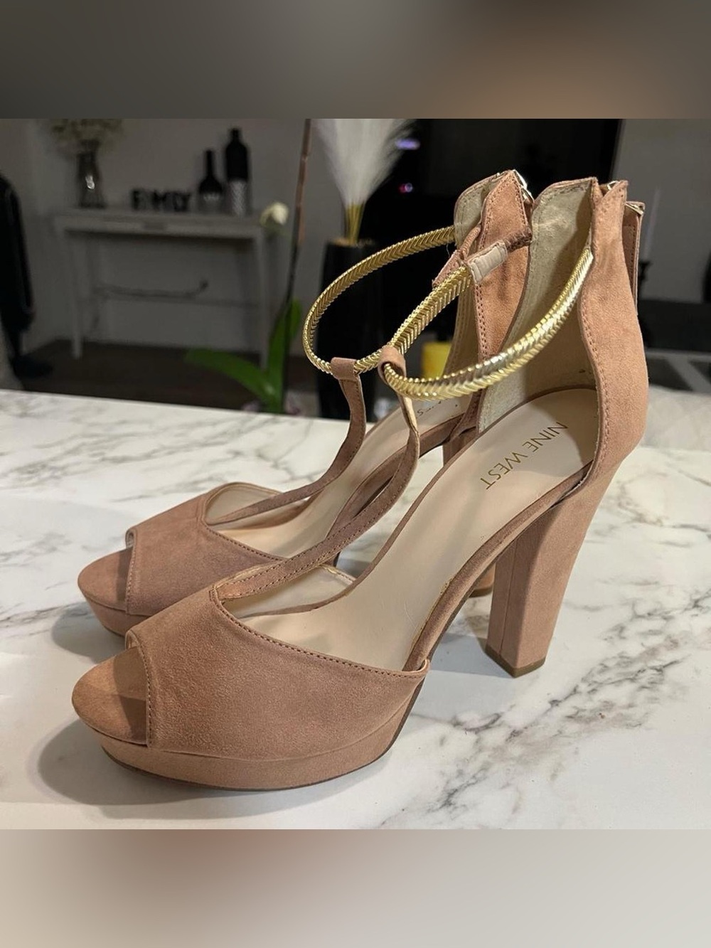 Nine West Blush Suede Platform Block Heel Sandals with Gold Ankle Cuff